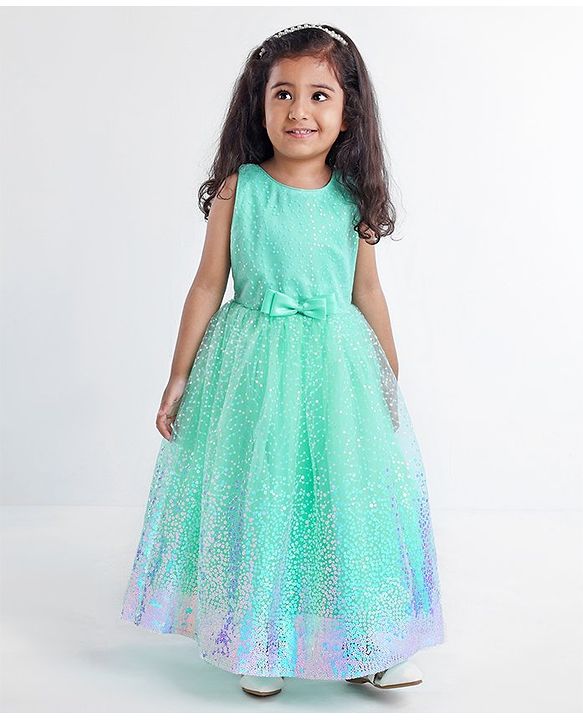 Babyhug Sleeveless Party Frock with Sequinned Detailing and Bow Applique - Mint Green