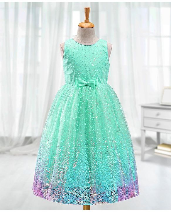 Babyhug Sleeveless Party Frock with Sequinned Detailing and Bow Applique - Mint Green