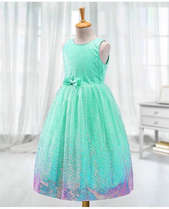 Babyhug Sleeveless Party Frock with Sequinned Detailing and Bow Applique - Mint Green