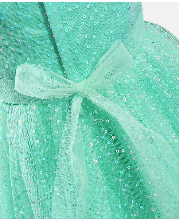 Babyhug Sleeveless Party Frock with Sequinned Detailing and Bow Applique - Mint Green