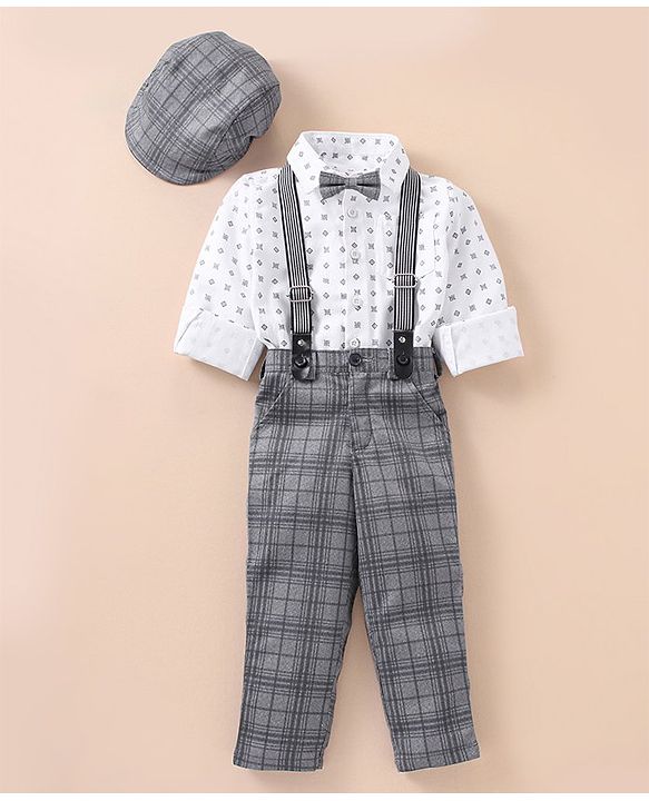 Babyhug Lycra Blend Full Sleeves Shirt & Trousers With A Suspender & Hat Checked- White & Grey
