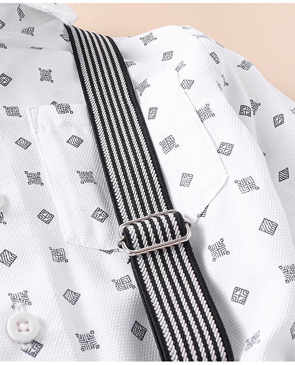 Babyhug Lycra Blend Full Sleeves Shirt & Trousers With A Suspender & Hat Checked- White & Grey