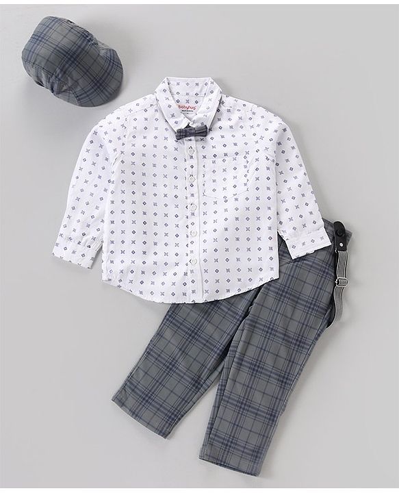 Babyhug Lycra Blend Full Sleeves Shirt & Trousers With A Suspender & Hat Checked- White & Grey