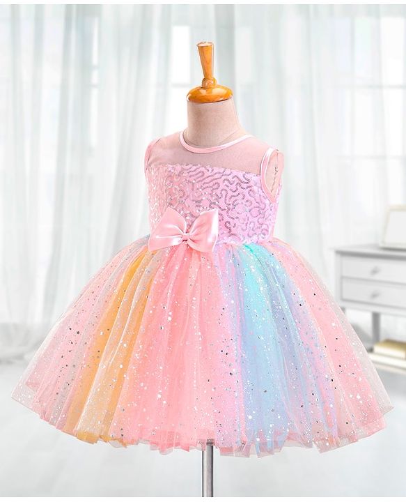 Babyhug Sleeveless Sequinned Party Frock With Bow - Multicolor