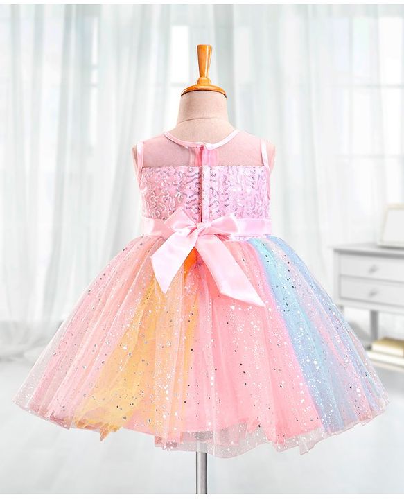 Babyhug Sleeveless Sequinned Party Frock With Bow - Multicolor