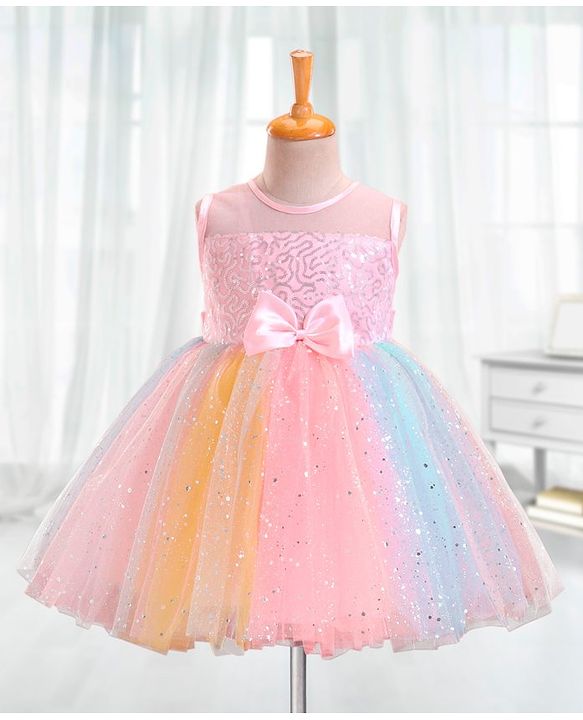 Babyhug Sleeveless Sequinned Party Frock With Bow - Multicolor
