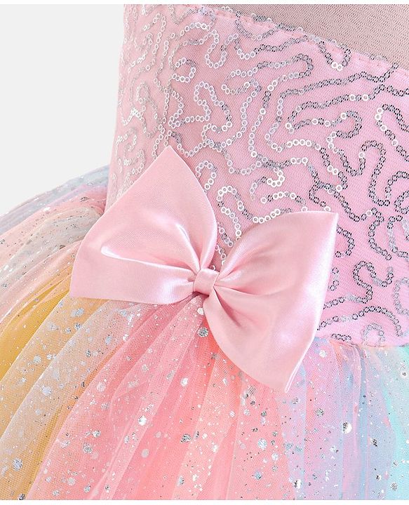 Babyhug Sleeveless Sequinned Party Frock With Bow - Multicolor