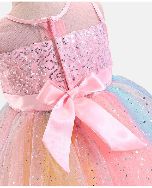 Babyhug Sleeveless Sequinned Party Frock With Bow - Multicolor