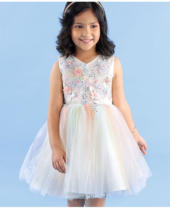 Babyhug Sleeveless Party Wear Frock Floral Embroidery - Multicolour
