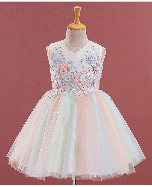 Babyhug Sleeveless Party Wear Frock Floral Embroidery - Multicolour