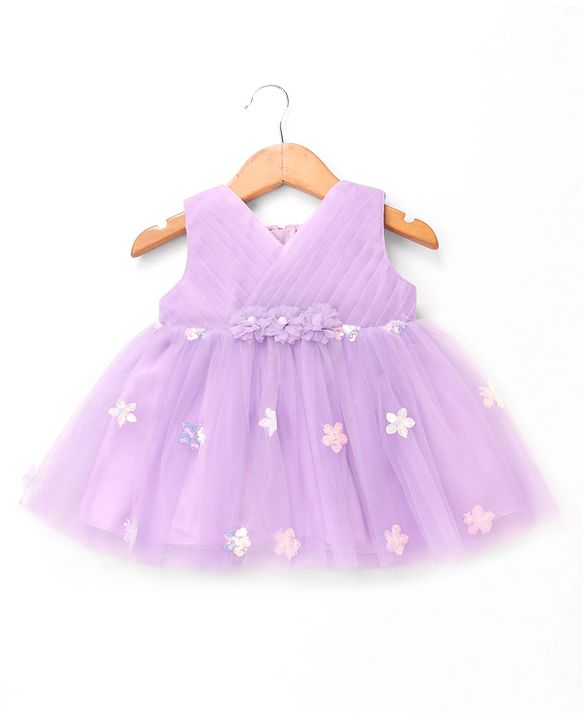 Babyhug Sleeveless Pleated Yoke Party Frock With Corsage And Sequined Detailing - Lavender