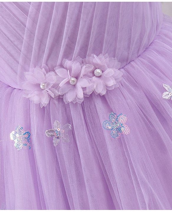 Babyhug Sleeveless Pleated Yoke Party Frock With Corsage And Sequined Detailing - Lavender