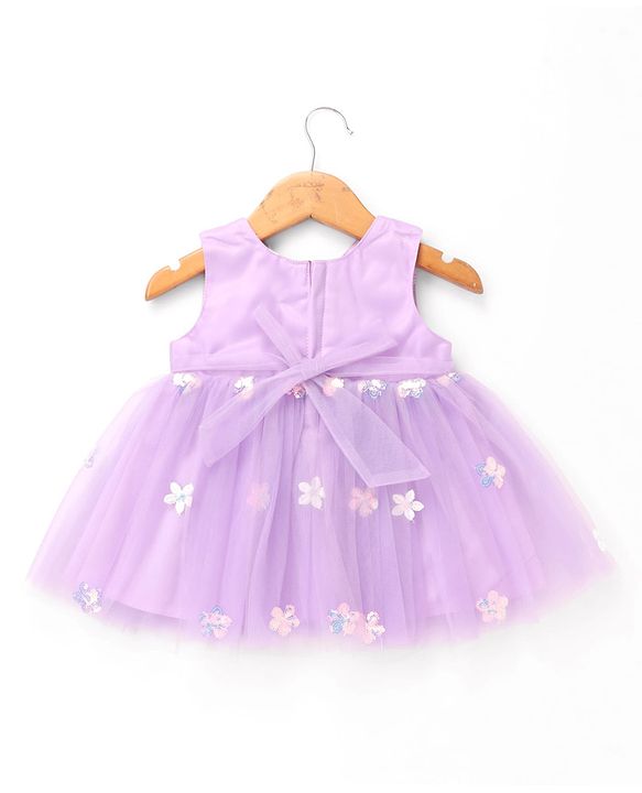 Babyhug Sleeveless Pleated Yoke Party Frock With Corsage And Sequined Detailing - Lavender