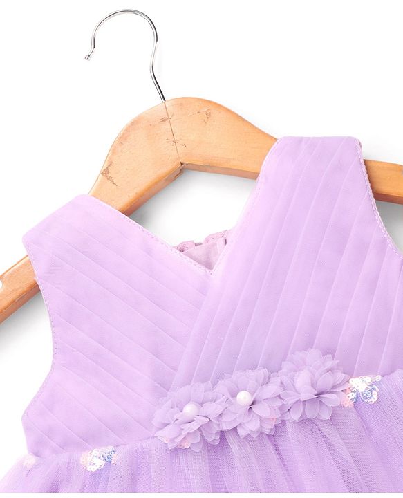 Babyhug Sleeveless Pleated Yoke Party Frock With Corsage And Sequined Detailing - Lavender