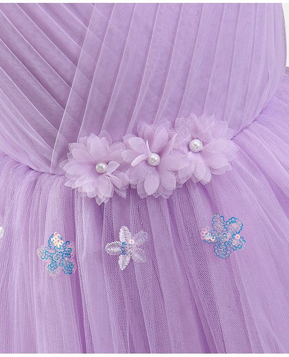 Babyhug Sleeveless Pleated Yoke Party Frock With Corsage And Sequined Detailing - Lavender