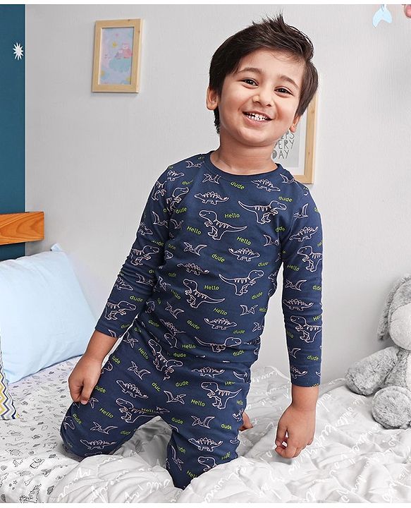 Babyhug Cotton Knit Full Sleeves Nightsuit Dino Print - Blue