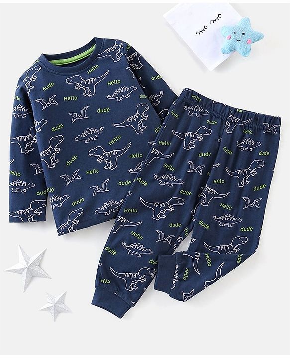 Babyhug Cotton Knit Full Sleeves Nightsuit Dino Print - Blue