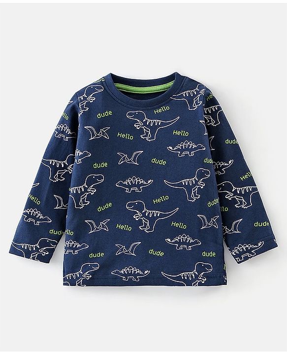 Babyhug Cotton Knit Full Sleeves Nightsuit Dino Print - Blue