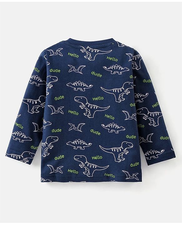 Babyhug Cotton Knit Full Sleeves Nightsuit Dino Print - Blue