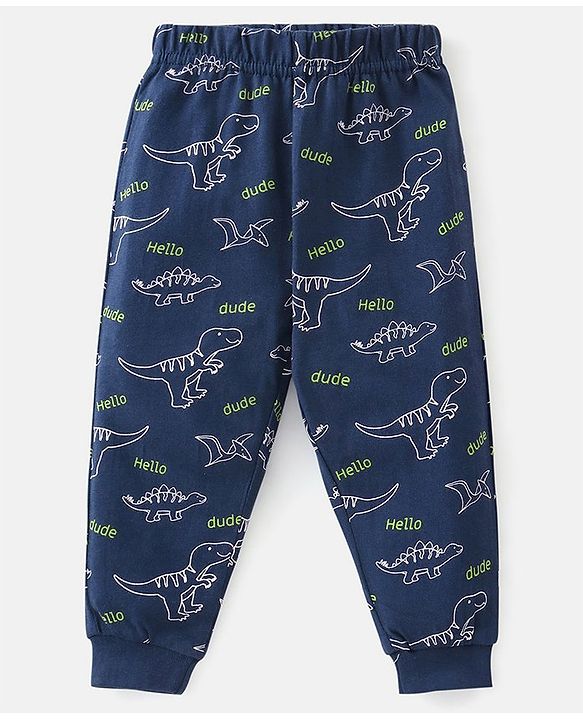 Babyhug Cotton Knit Full Sleeves Nightsuit Dino Print - Blue
