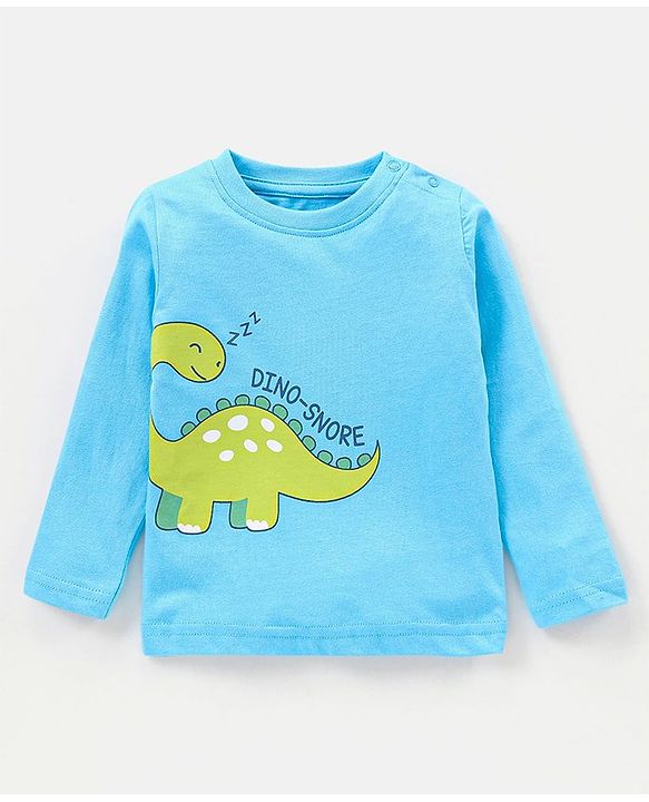 Babyhug Cotton Full Sleeves Night Suit Dino & Stripes Print- Blue