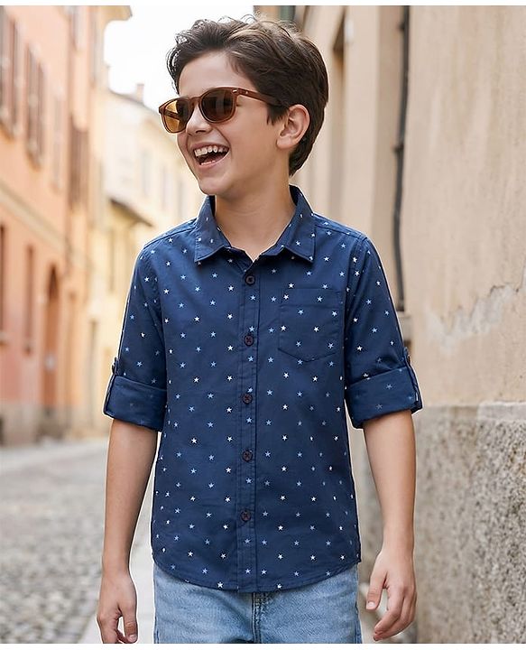 Pine Kids Cotton Full Sleeves Shirt Triangle Print - Navy Blue