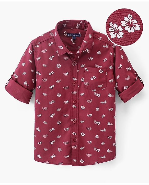 Pine Kids Cotton Turn Up Full Sleeves Shirt Floral Print - Maroon
