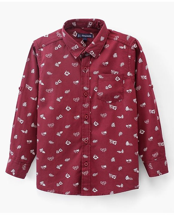 Pine Kids Cotton Turn Up Full Sleeves Shirt Floral Print - Maroon