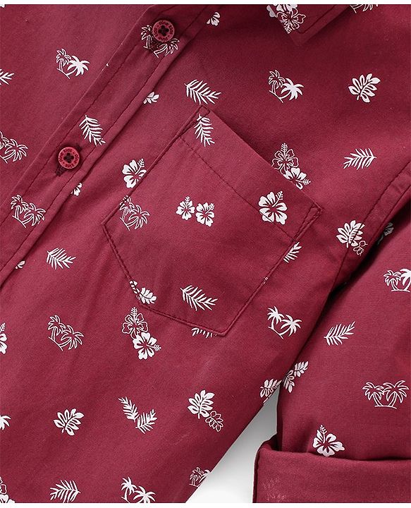 Pine Kids Cotton Turn Up Full Sleeves Shirt Floral Print - Maroon