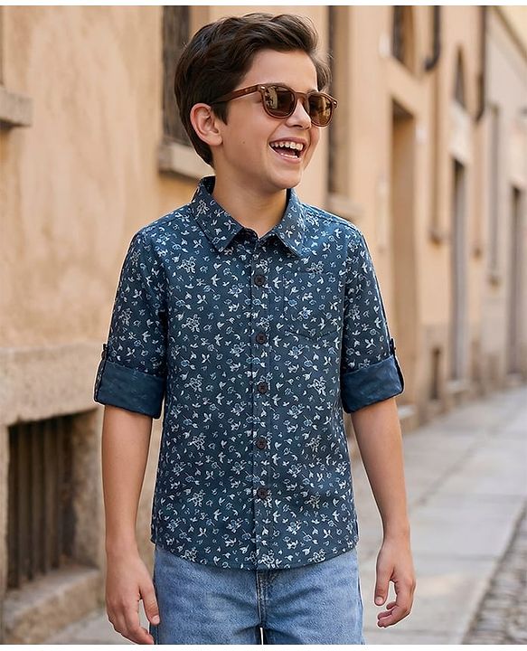 Pine Kids Cotton Full Sleeves Printed Shirt With Soft Hand Feel- Blue