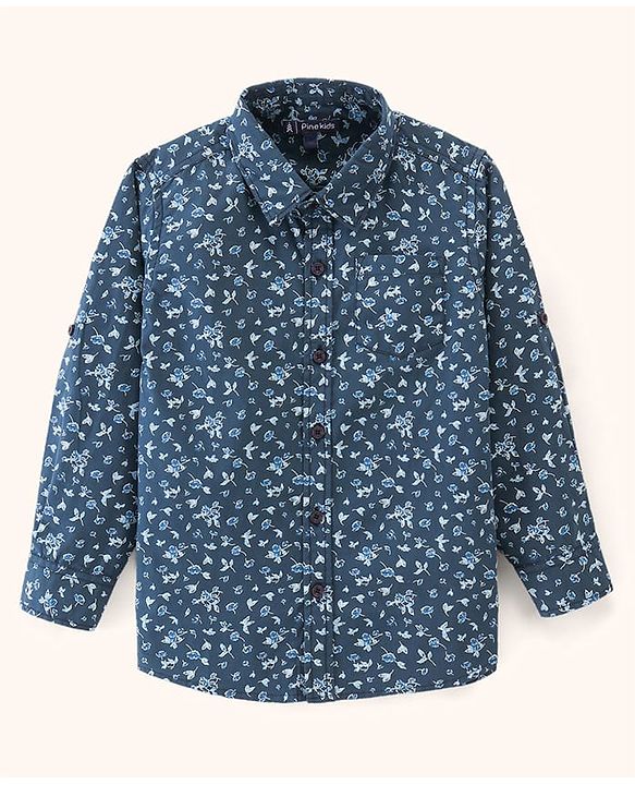 Pine Kids Cotton Full Sleeves Printed Shirt With Soft Hand Feel- Blue