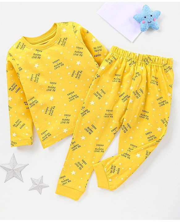 Babyhug Cotton Full Sleeves Night Suit Stars & Text Print- Yellow