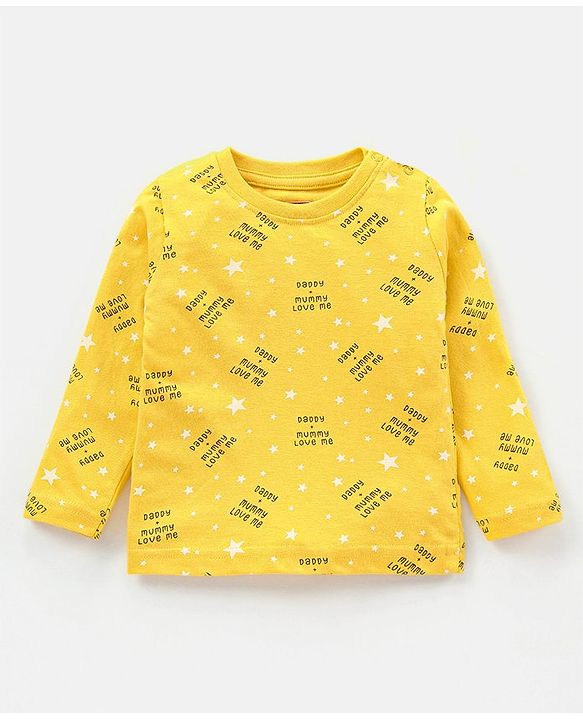 Babyhug Cotton Full Sleeves Night Suit Stars & Text Print- Yellow