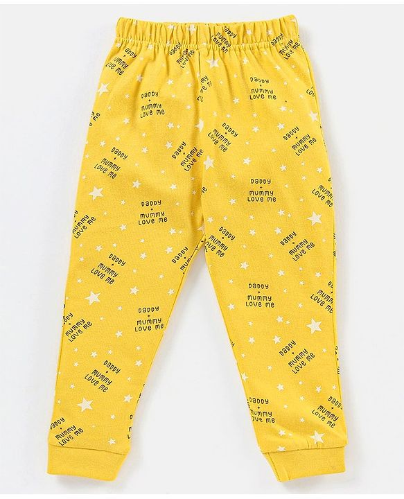 Babyhug Cotton Full Sleeves Night Suit Stars & Text Print- Yellow