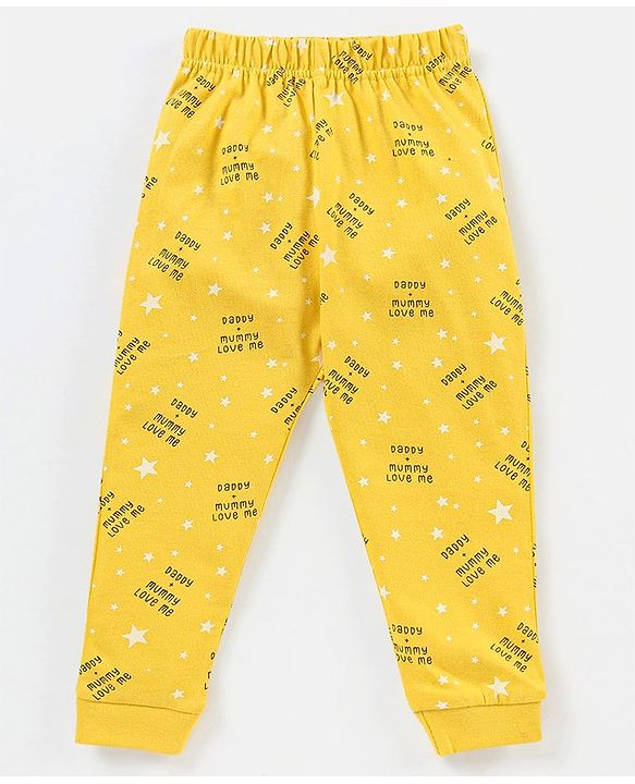 Babyhug Cotton Full Sleeves Night Suit Stars & Text Print- Yellow