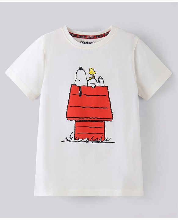 Pine Kids 100% Cotton Knit Half Sleeves Bio Washed T-Shirt Snoopy Collection - White