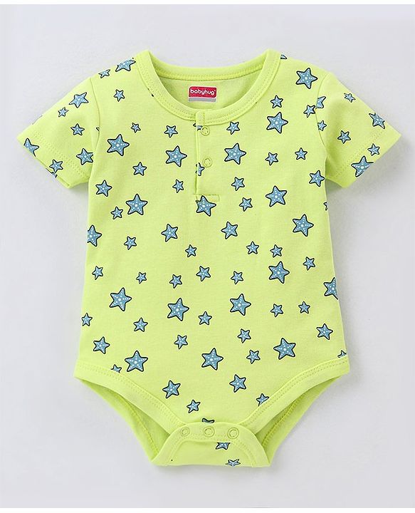Babyhug 100% Cotton Half Sleeves Onesie Stars Print- Green