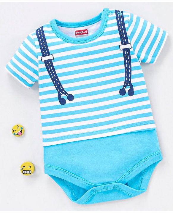 Babyhug 100% Cotton Knit Half Sleeves Onesie Stripes Print - Blue