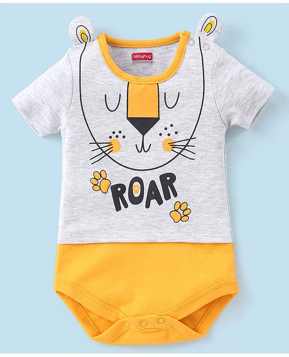 Babyhug Cotton Half Sleeves Onesie Lion Print- Grey