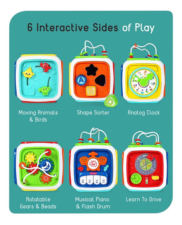 Babyhug Premium All In One Activity Cube| Educational & Learning Activity Toy |6 Interactive Sides of Play with Animals, Birds, Shape Sorter, Clock, Gears and Beads, Piano and Flash Drum and Learn to Drive Functions| BIS Certified| 3 Years+