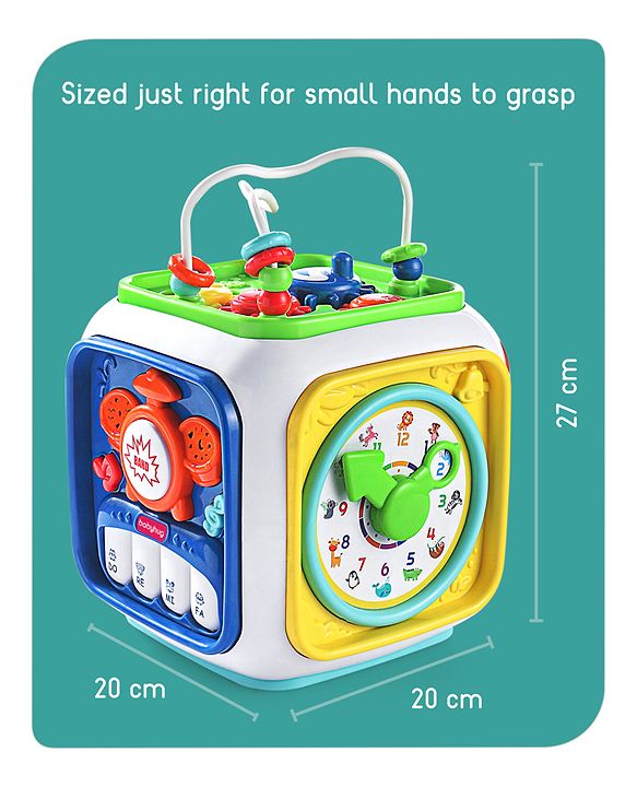 Babyhug Premium All In One Activity Cube| Educational & Learning Activity Toy |6 Interactive Sides of Play with Animals, Birds, Shape Sorter, Clock, Gears and Beads, Piano and Flash Drum and Learn to Drive Functions| BIS Certified| 3 Years+