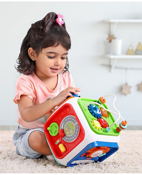 Babyhug Premium All In One Activity Cube| Educational & Learning Activity Toy |6 Interactive Sides of Play with Animals, Birds, Shape Sorter, Clock, Gears and Beads, Piano and Flash Drum and Learn to Drive Functions| BIS Certified| 3 Years+