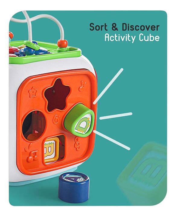 Babyhug Premium All In One Activity Cube| Educational & Learning Activity Toy |6 Interactive Sides of Play with Animals, Birds, Shape Sorter, Clock, Gears and Beads, Piano and Flash Drum and Learn to Drive Functions| BIS Certified| 3 Years+