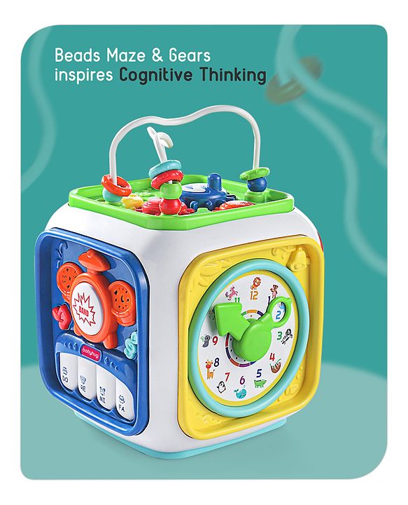Babyhug Premium All In One Activity Cube| Educational & Learning Activity Toy |6 Interactive Sides of Play with Animals, Birds, Shape Sorter, Clock, Gears and Beads, Piano and Flash Drum and Learn to Drive Functions| BIS Certified| 3 Years+
