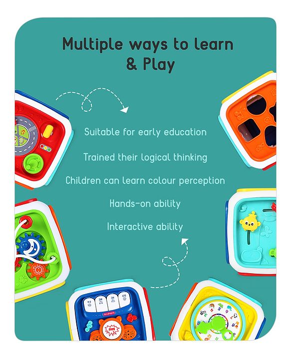 Babyhug Premium All In One Activity Cube| Educational & Learning Activity Toy |6 Interactive Sides of Play with Animals, Birds, Shape Sorter, Clock, Gears and Beads, Piano and Flash Drum and Learn to Drive Functions| BIS Certified| 3 Years+