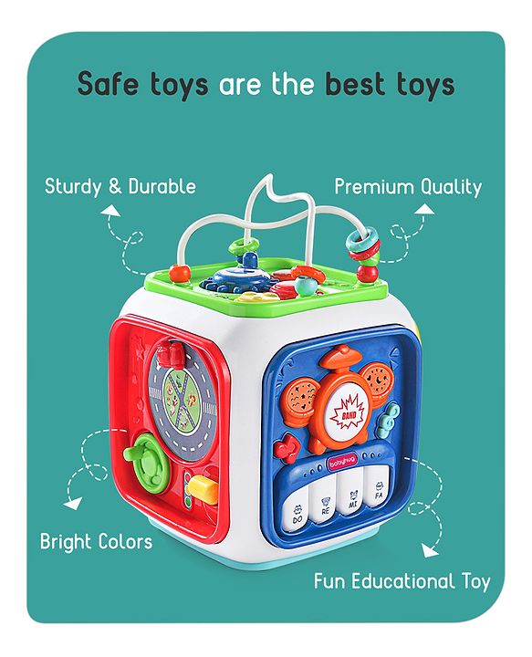 Babyhug Premium All In One Activity Cube| Educational & Learning Activity Toy |6 Interactive Sides of Play with Animals, Birds, Shape Sorter, Clock, Gears and Beads, Piano and Flash Drum and Learn to Drive Functions| BIS Certified| 3 Years+