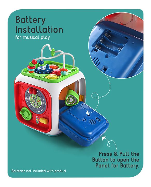 Babyhug Premium All In One Activity Cube| Educational & Learning Activity Toy |6 Interactive Sides of Play with Animals, Birds, Shape Sorter, Clock, Gears and Beads, Piano and Flash Drum and Learn to Drive Functions| BIS Certified| 3 Years+