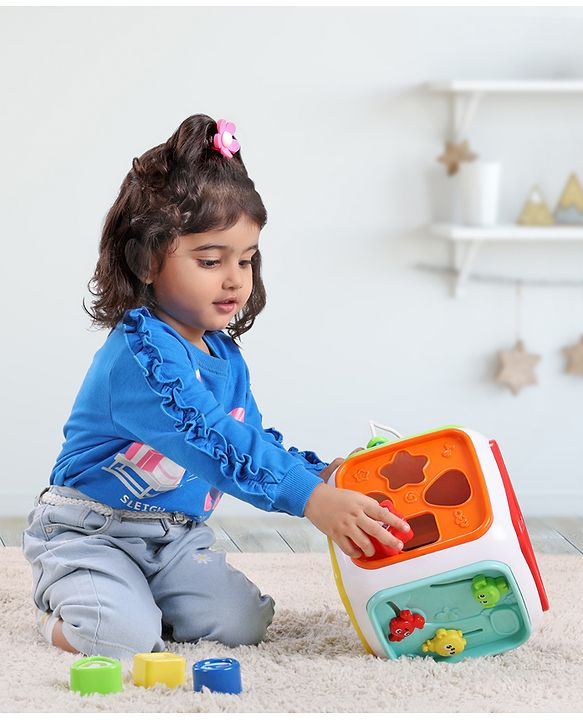 Babyhug Premium All In One Activity Cube| Educational & Learning Activity Toy |6 Interactive Sides of Play with Animals, Birds, Shape Sorter, Clock, Gears and Beads, Piano and Flash Drum and Learn to Drive Functions| BIS Certified| 3 Years+