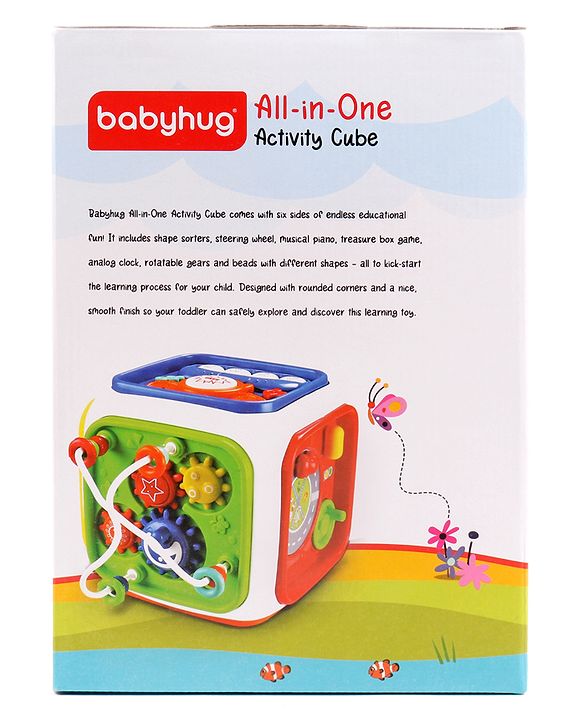 Babyhug Premium All In One Activity Cube| Educational & Learning Activity Toy |6 Interactive Sides of Play with Animals, Birds, Shape Sorter, Clock, Gears and Beads, Piano and Flash Drum and Learn to Drive Functions| BIS Certified| 3 Years+