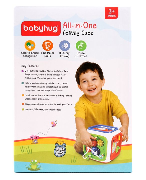 Babyhug Premium All In One Activity Cube| Educational & Learning Activity Toy |6 Interactive Sides of Play with Animals, Birds, Shape Sorter, Clock, Gears and Beads, Piano and Flash Drum and Learn to Drive Functions| BIS Certified| 3 Years+